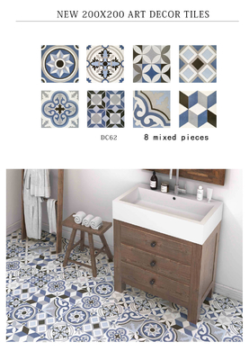 Decoração de piso de flores azulejos rústicos de cerâmica para banheiro e azulejos de parede azul de 200x200mm para varanda