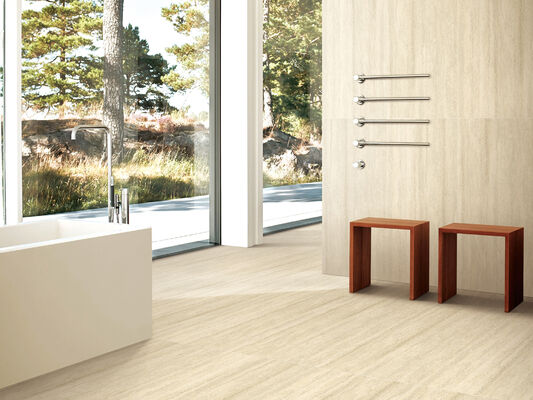 Antibacterianos e ecológicos Piso interior amarelo claro de travertino 600x1200mm Chapas de porcelana de massa para quarto e sala de estar